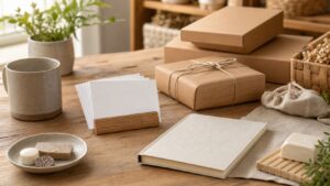 Blank signup cards and ecommerce packages on a warm tabletop for an email list building article.
