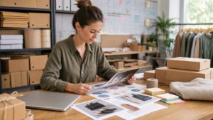 Ecommerce marketer reviewing product photos and customer journey planning materials at an organized desk.