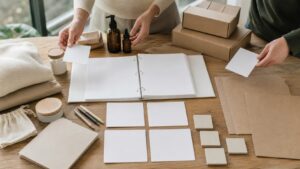 Blank binder, workflow tiles, product samples, packaging, and planning tools arranged for building a marketing playbook.