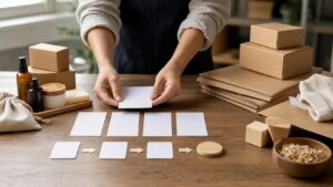 Product samples, shipping boxes, blank catalog cards, and modular store-building blocks arranged for a WooCommerce setup.