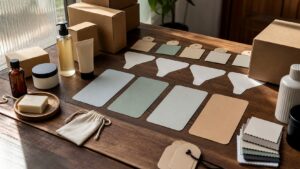 Ecommerce product samples and blank funnel cards arranged on a planning table for paid ad strategy.