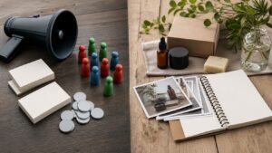 Ecommerce tabletop split between paid promotion objects and organic content planning materials.