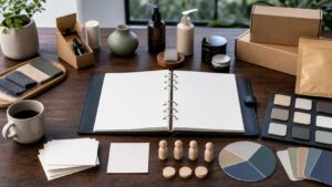 Blank binder, product samples, campaign cards, packaging, and channel tiles arranged for an ecommerce growth playbook.