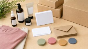 Unbranded ecommerce products, packaging, blank campaign cards, and colored planning tokens on a bright tabletop.