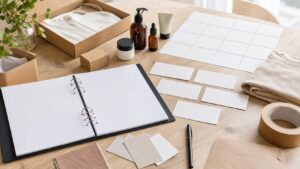 Blank binder, campaign cards, product samples, packaging, and planning tools arranged for a marketing playbook.