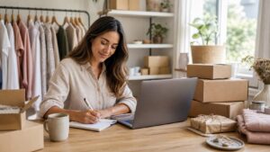 Ecommerce shop owner writing notes beside a laptop, clothing rack, and shipping boxes.