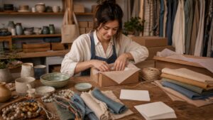 Handmade goods, packaging supplies, blank listing cards, fabric, beads, and ceramic pieces arranged for an Etsy beginner guide.