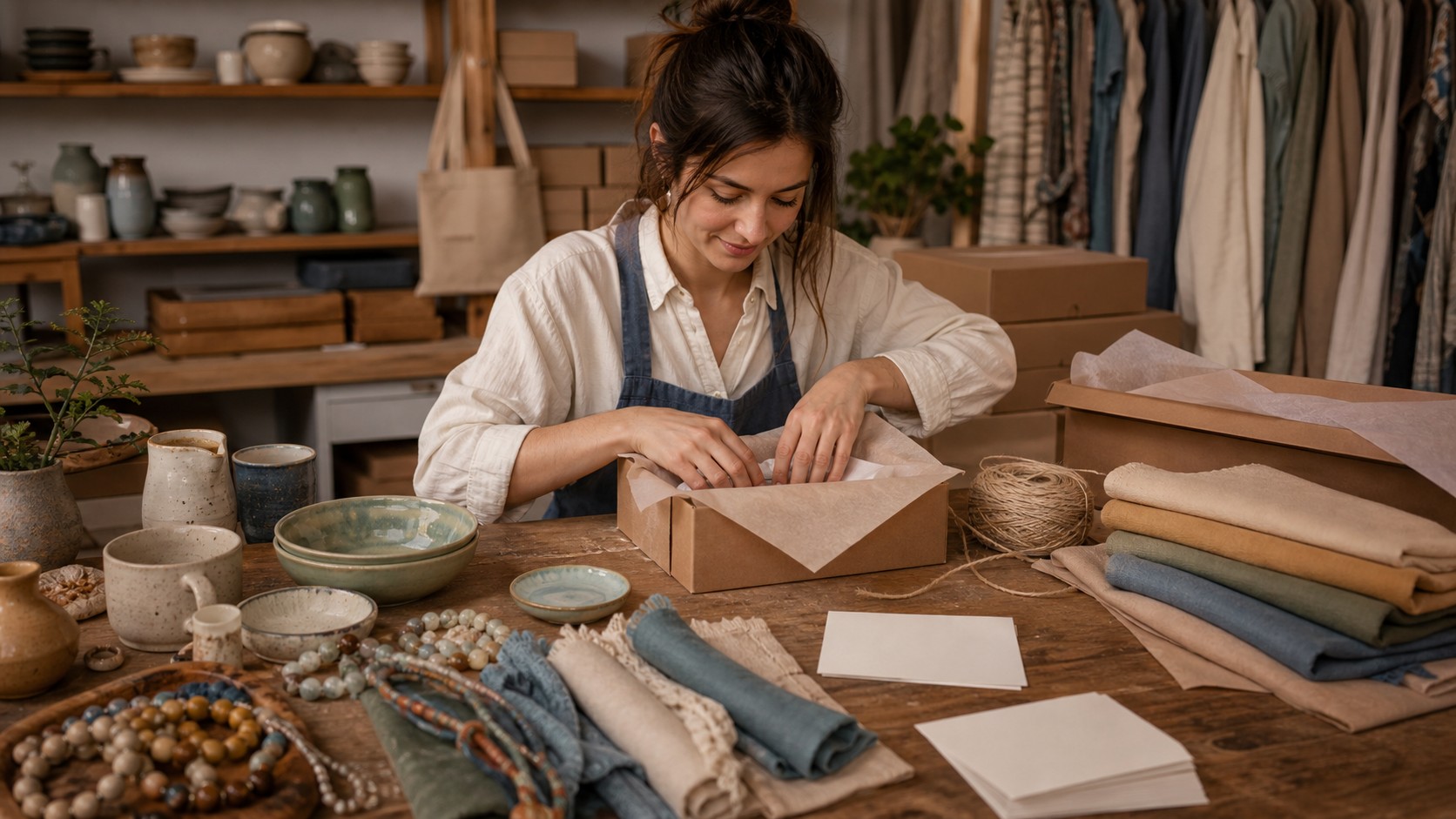 Handmade goods, packaging supplies, blank listing cards, fabric, beads, and ceramic pieces arranged for an Etsy beginner guide.