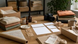 Product samples, blank website planning cards, modular blocks, and packaging arranged for a WooCommerce beginner guide.