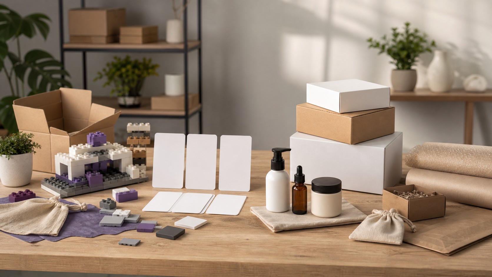 Two ecommerce setup workstations comparing modular building blocks with an all-in-one package stack.