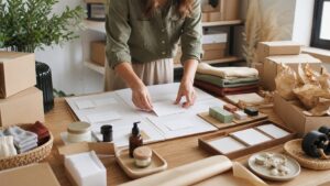 Blank catalog boards, product samples, shipping boxes, channel blocks, order trays, and fulfillment tools arranged for building an online store.