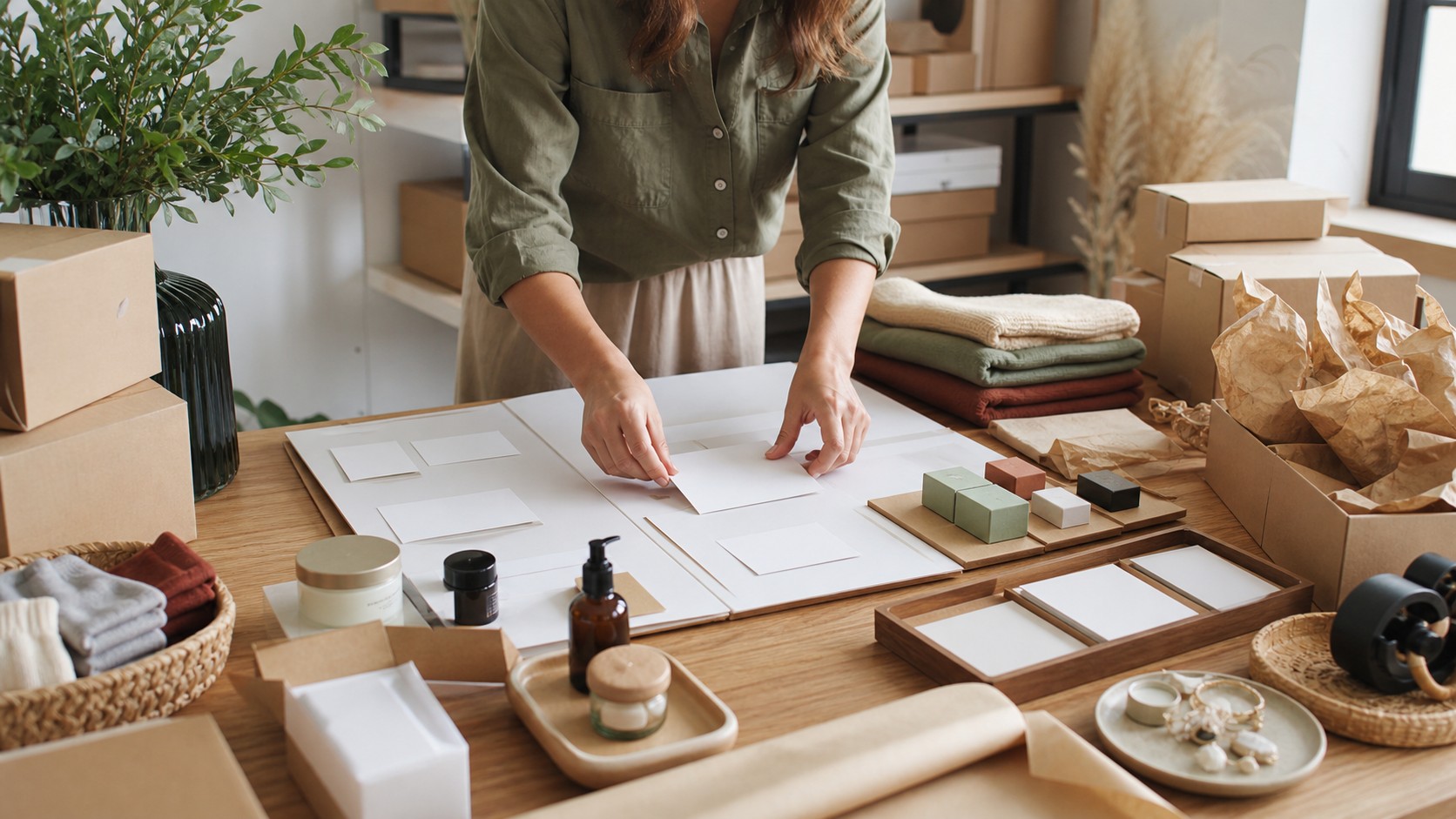 Blank catalog boards, product samples, shipping boxes, channel blocks, order trays, and fulfillment tools arranged for building an online store.