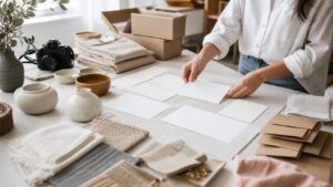 Blank layout boards, product samples, packaging, fabric swatches, camera, and order prep materials arranged for building a Squarespace store.