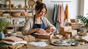 Packed orders, handmade products, blank listing cards, photography props, fabric, craft tools, and shipping supplies in a seller workspace.