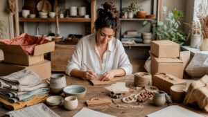 Handmade goods, blank planning cards, fabric, beads, ceramics, packaging, and shipping materials on a new seller worktable.
