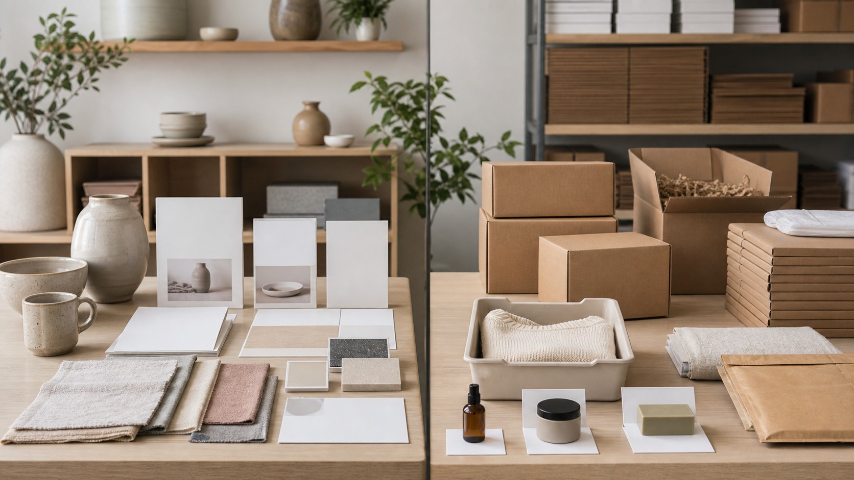 Two neutral ecommerce workspaces comparing a design-led website setup with a commerce operations setup.