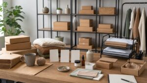 Product samples, blank catalog cards, packaging, channel blocks, order bins, and shipping materials arranged for a hosted ecommerce platform guide.