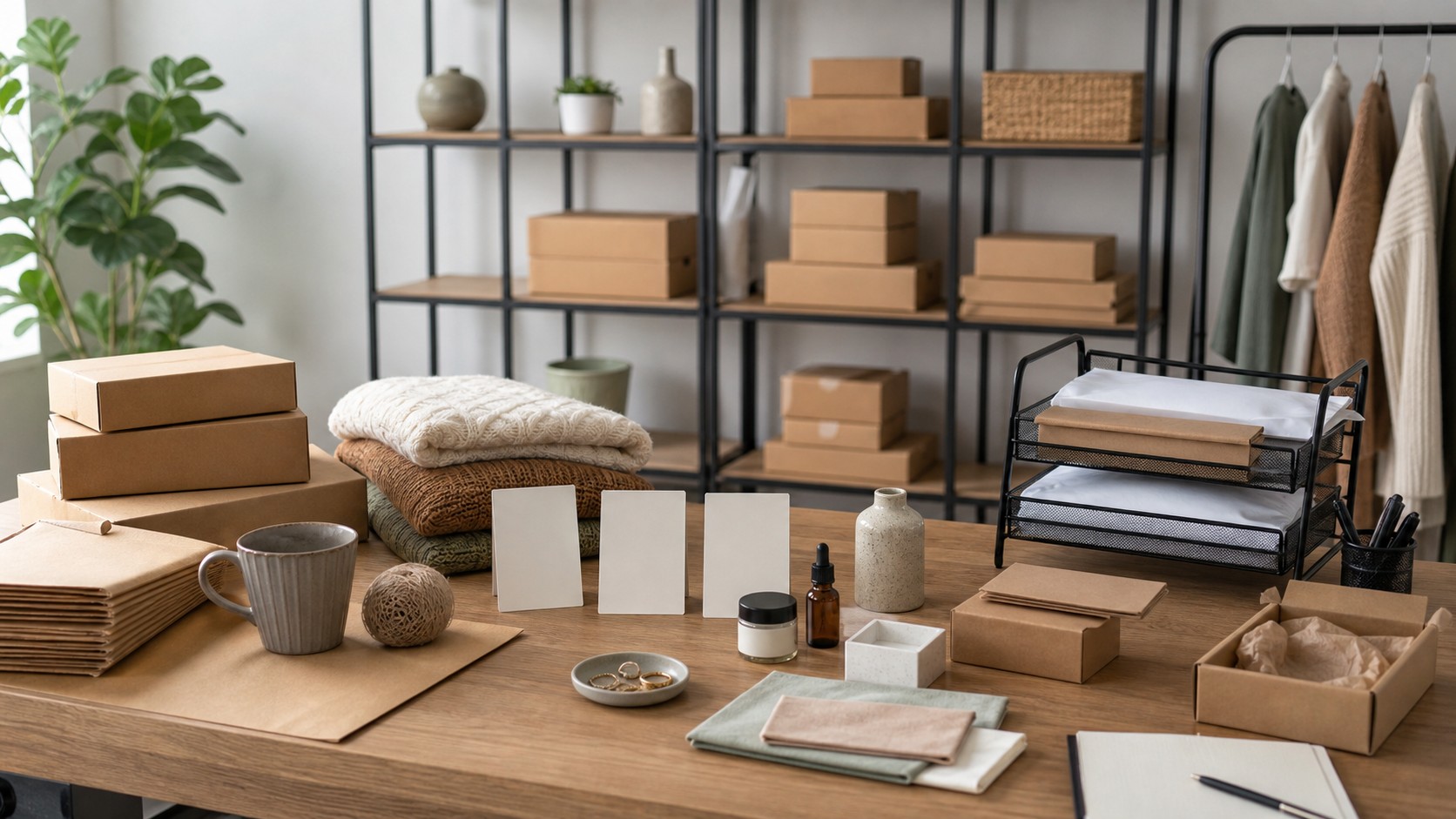 Product samples, blank catalog cards, packaging, channel blocks, order bins, and shipping materials arranged for a hosted ecommerce platform guide.