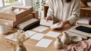 Product samples, blank layout cards, packaging, fabric swatches, ceramics, and order materials arranged for a Squarespace Commerce guide.